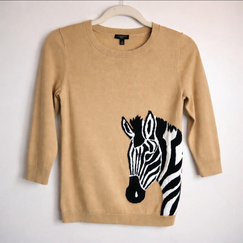 Talbots Zebra Sweater Petite Small Tan Crewneck Animal Print 3/4 Sleeve